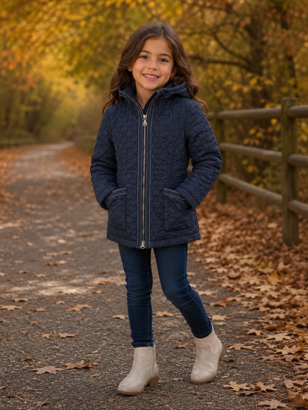 Armani Junior Girls Navy Heart Quilted Hooded Jacket Size 6A Luxury Coat